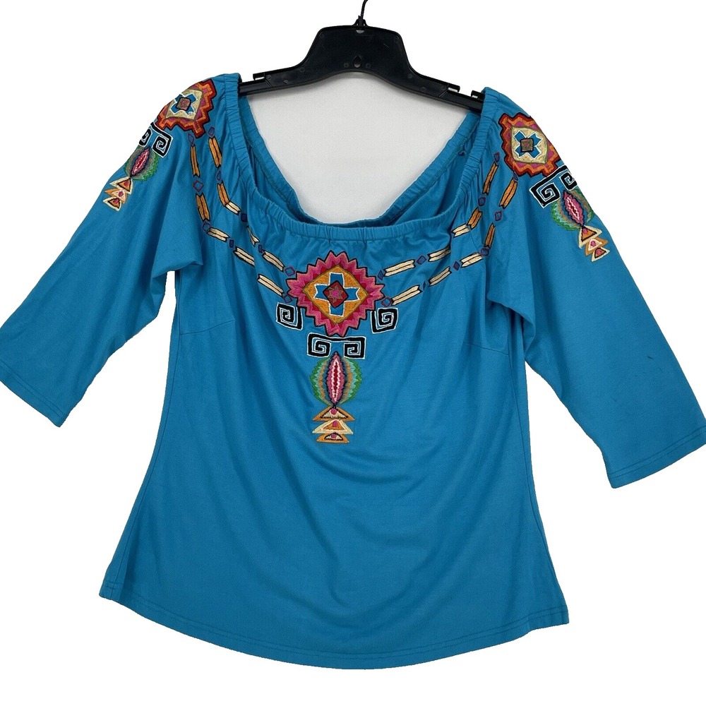 Tunique Boho Embroidered Flowers‎ Blouse Top Turquoise Blue 3/4 Sleeves Size L